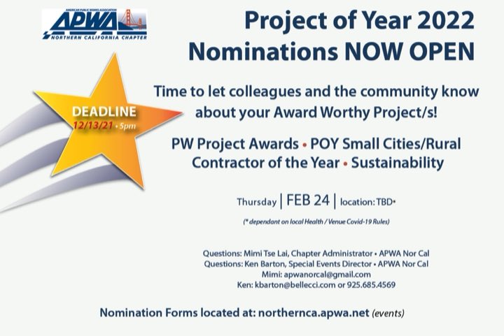 Don’t forget to submit your applications soon! Deadline is 12/13!

A reminder that APWA NorCal’s holiday party is this Thursday, 12-9! 

Visit our website for more information!