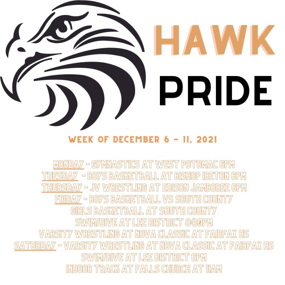 This week in Hayfield Athletics! Come support our Hawks student athletes. #HawkPride @FCPSHayfieldSS <a href="/HayfieldMatHawk/">Hayfield Wrestling</a> <a href="/HayfieldTrack/">Hayfield T&F</a> <a href="/HHSWaterHawks/">Hayfield Swim/Dive Hawks</a> <a href="/HayfieldBball/">HawksBoysBasketball</a> <a href="/bball_hawks/">Lady Hawks BBall</a> <a href="/HayfieldGVGym/">Michelle Leigh</a> @Hawks_ABC16