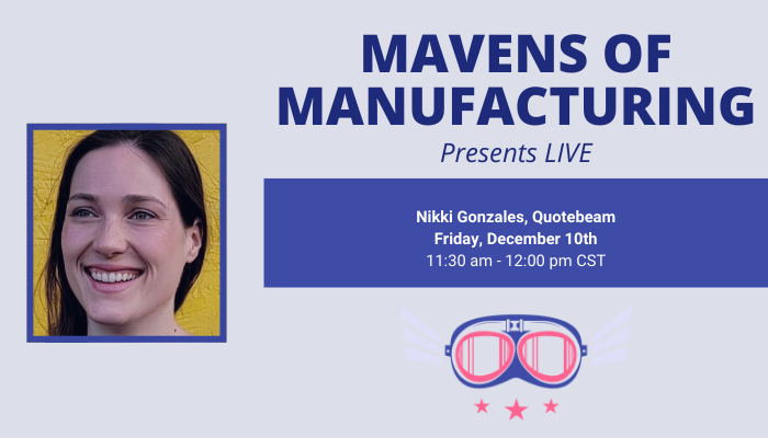 We have a great episode schedled this week with Nikki Gonzales from #quotebeam. 

Live broadcast start 11:30 am CST: youtu.be/rFK8oSMc1Io

#supplychainsolutions @MZiemba1215 #womeninmanufacturing #womeninengineering #STEM #mavensofmanufacturing #mfgmavens2021