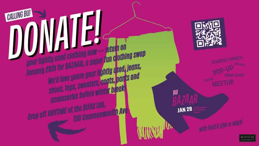 InnovateBU's tweet photo. 1/28: ๐ Big things are coming next semester with the BU Bazaar, a super fun, student-driven, daylong, sale/swap-shop, social meetup! ๐ฅ Donate your lightly used clothes at the #BUildLab now or submit your creations to be shared with the BU community! https://t.co/bcZ8OnsXVN https://t.co/bIL7NzuCSz