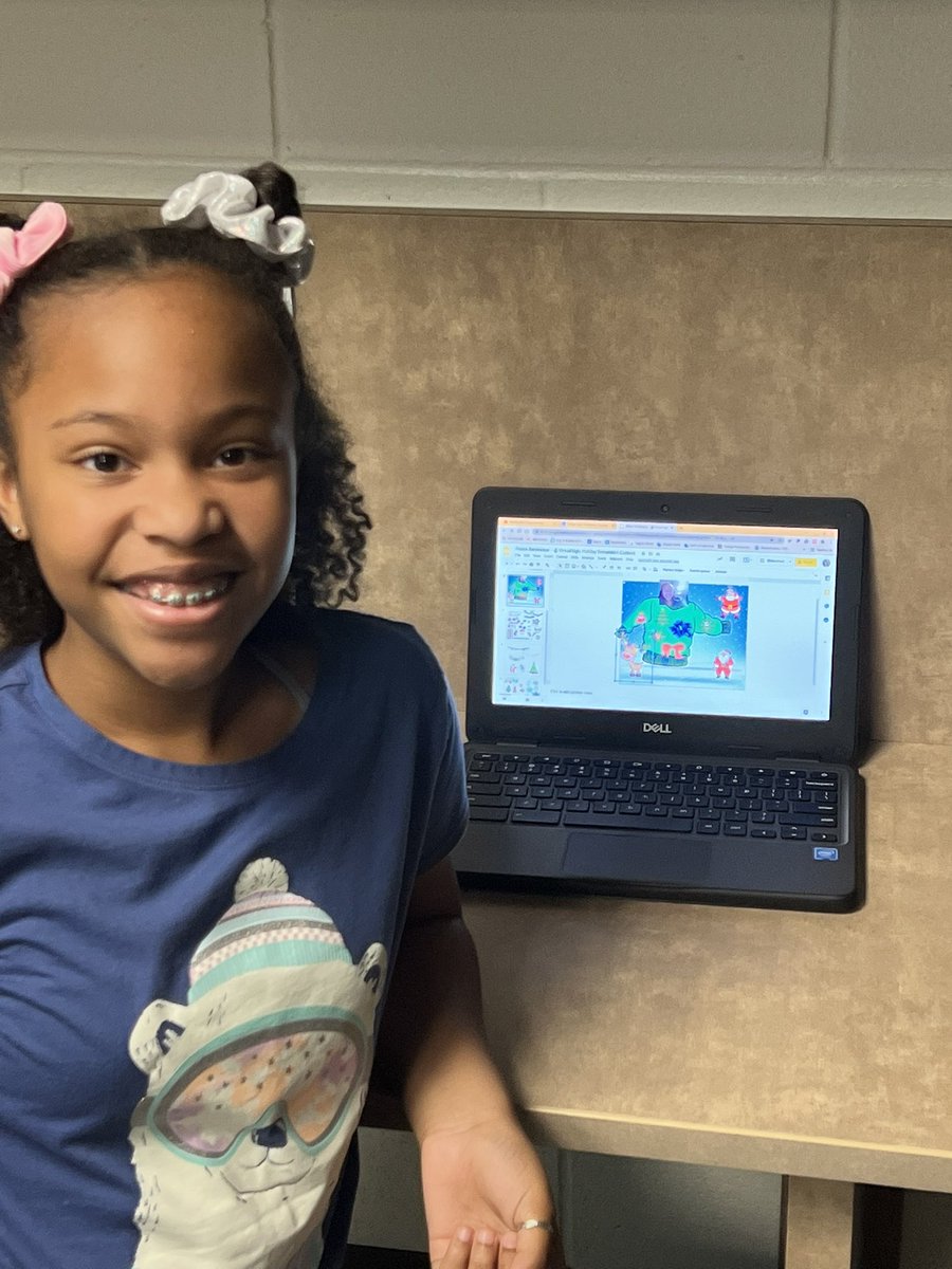 PrecusGlover's tweet photo. Learning how to use the tools on Google Slides to design a sweater for our Virtual Ugly Christmas Sweater competition with @mrstrimble_fce #MakeDecemberMagic #HumbleCampusIT https://t.co/K1GrVQ2ajN