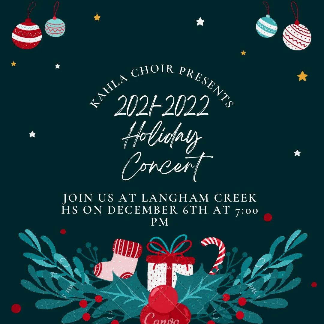 kahlams's tweet photo. 📣You're invited! The Choir program will be holding their annual Holiday Concert on today, December 6th at the Langham Creek HS auditorium at 7:00 pm. Come out and support our singers and their hard work leading up to this performance!
#EveryKnightEveryDay #Building2BBest https://t.co/Bo2rXRIgBF