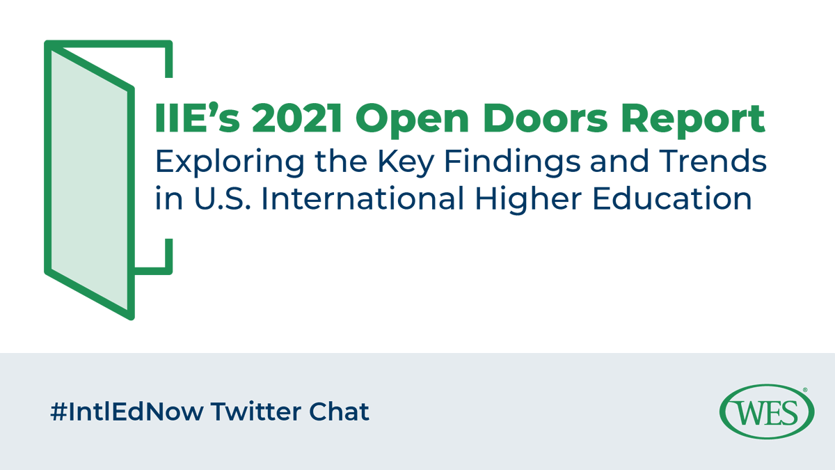 WorldEdServices's tweet image. Welcome to today’s #IntlEdNow Twitter chat. This chat will explore @IIEresearch’s 2021 #OpenDoorsReport, including the latest #intlstudent enrollment numbers, &amp;amp; surface solutions for attracting &amp;amp; recruiting #intlstudents to the U.S. in a rapidly changing, post-pandemic world. 1/4