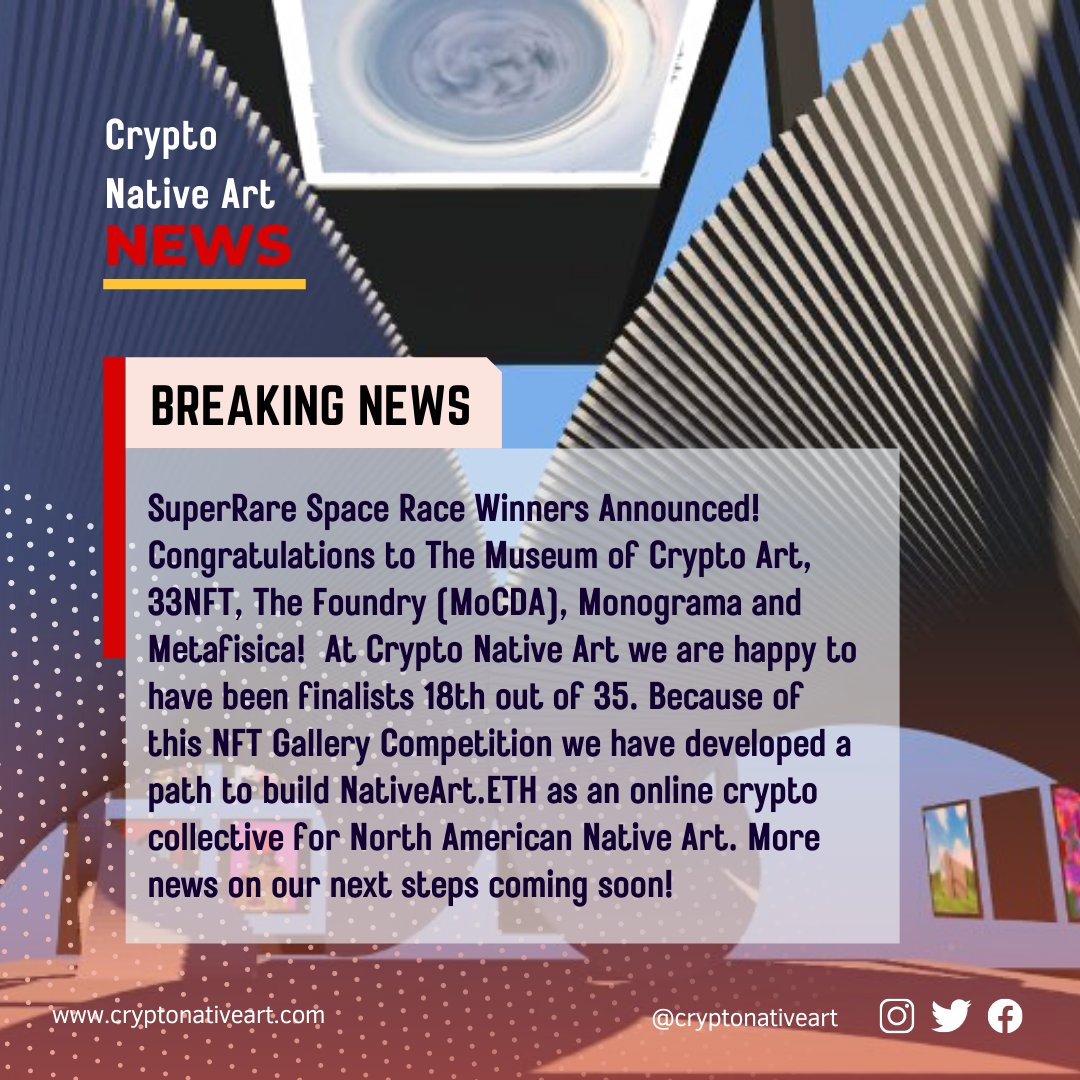 Congratulations to the <a href="/SuperRare/">SuperRare</a> Space Race Winners!  We are  honored to have participated in the first Race. Special thanksto those who voted and to our artists <a href="/RicoWorl/">Rico Worl</a> @OwenLOliver. 10 Buffalos, <a href="/blakeangeconeb/">Blake Angeconeb</a>  
 @IndigitalETH <a href="/KwakiutlArtist/">David Neel</a> &amp; <a href="/shereelincoln/">Sheree.eth</a>  for curating.