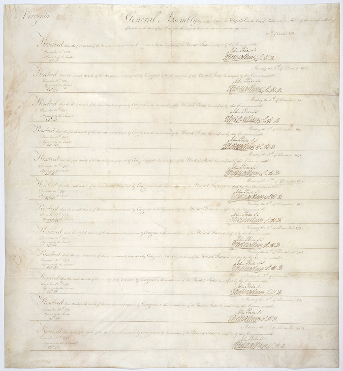 TodaysDocument's tweet photo. The Bill of Rights became the first 10 amendments to the Constitution when Virginia ratified them #OTD in 1791. VA was the 11th of the 14 states to ratify, thus providing the constitutionally required bar of 3/4 of the states needed for ratification. 

https://t.co/2HHfgVrdq3 https://t.co/CYok8wDFkG