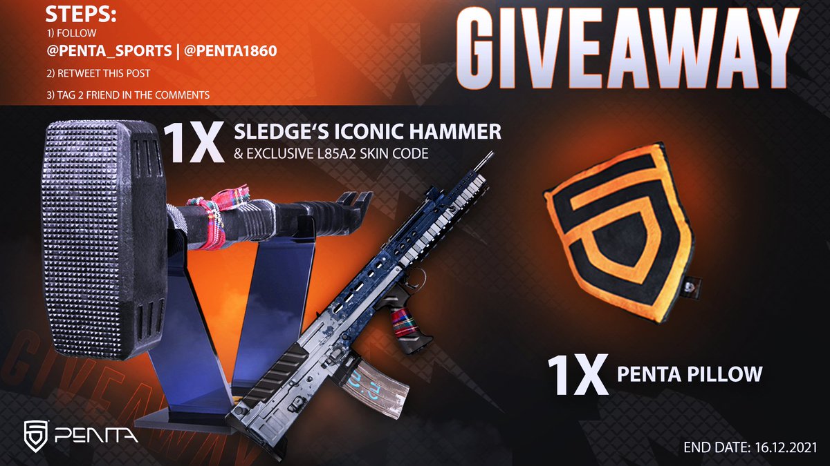 🎁#GIVEAWAY!🎁

Participate and have a chance to win Sledge's iconic #rainbow6 hammer together with an exclusive L85A2 skin code &amp; PENTA pillow!  

Here are the steps:

▶ Follow <a href="/PENTA_Sports/">PENTA</a> &amp; @PENTA1860
▶ RT this tweet
▶ Tag 2 friends

Draw on 16.12.2021. GL! #ThisIsPENTA