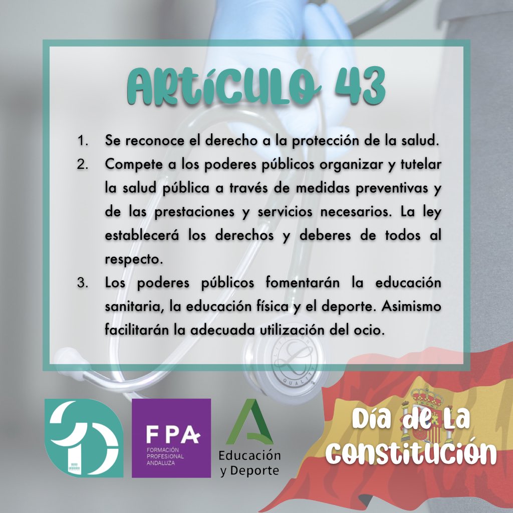 FELIZ DÍA DE LA CONSTITUCIÓN 

En su artículo 43:

1. Se reconoce el derecho a la protección de la salud.

<a href="/EducaAnd/">Consejería Desarrollo Educativo y FP</a> <a href="/FPAndaluza/">Formación Profesional Andaluza</a> <a href="/iesstodomingo/">iesstodomingo</a> #DíaDeLaConstitución #Constitución #Salud #TCAE #TES #FPF #HBD #SoyDeFP #FPvisible