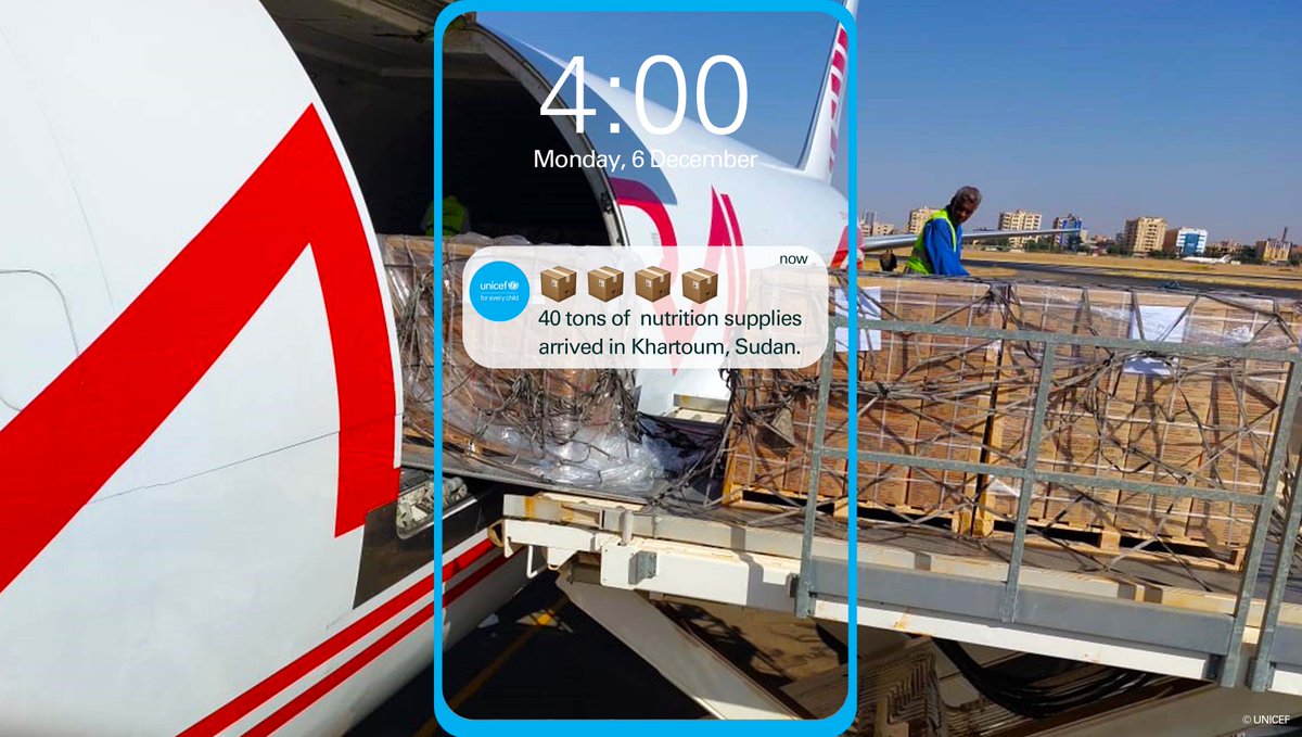 Live from the tarmac: Cargo aircraft chartered by <a href="/UNICEF/">UNICEF</a> Supply Division delivers 40 tons of urgently needed nutrition supplies to Khartoum, #Sudan.

<a href="/UNICEFSudan/">UNICEF Sudan - اليونيسف في السودان</a> #SuppliesSaveLives 📦💙