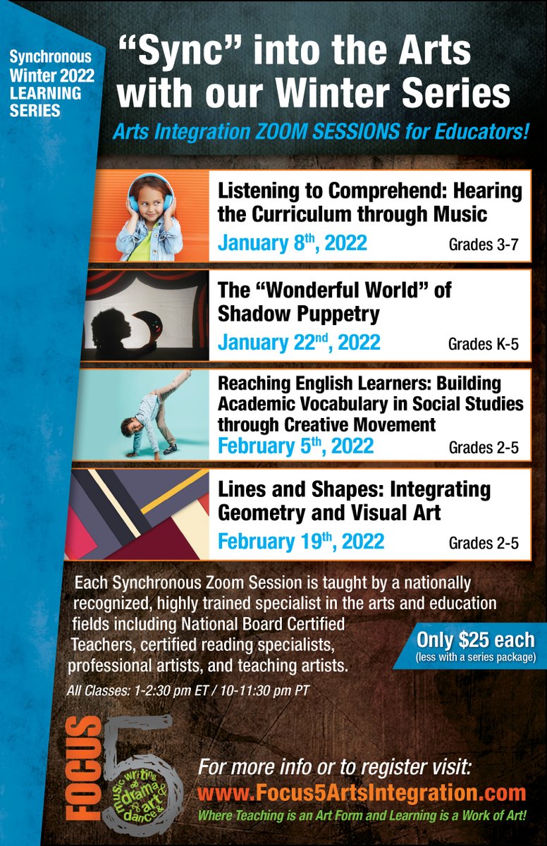 EXCITING NEWS! Our WINTER lineup of Arts Integrated Synchronous Zoom Sessions has something for everyone!! Register for one or all at a discount! artsintegrationconsulting.com/online-synch-s… #HelpStudentsThrive #music #musicteachers #educators #english #art #thearts #puppetry #ESOL #socialstudies