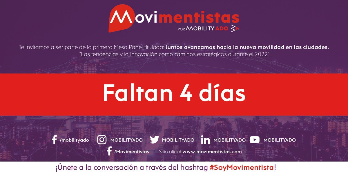 MOBILITYADO's tweet photo. ¡Faltan 4 días para la #MesaPanel que realizará Movimentistas! https://t.co/wIU5HwOdaW
#MesaPanelMovimentistas #SoyMovimentista #MOBILITYADO https://t.co/vUPhPTYTJP