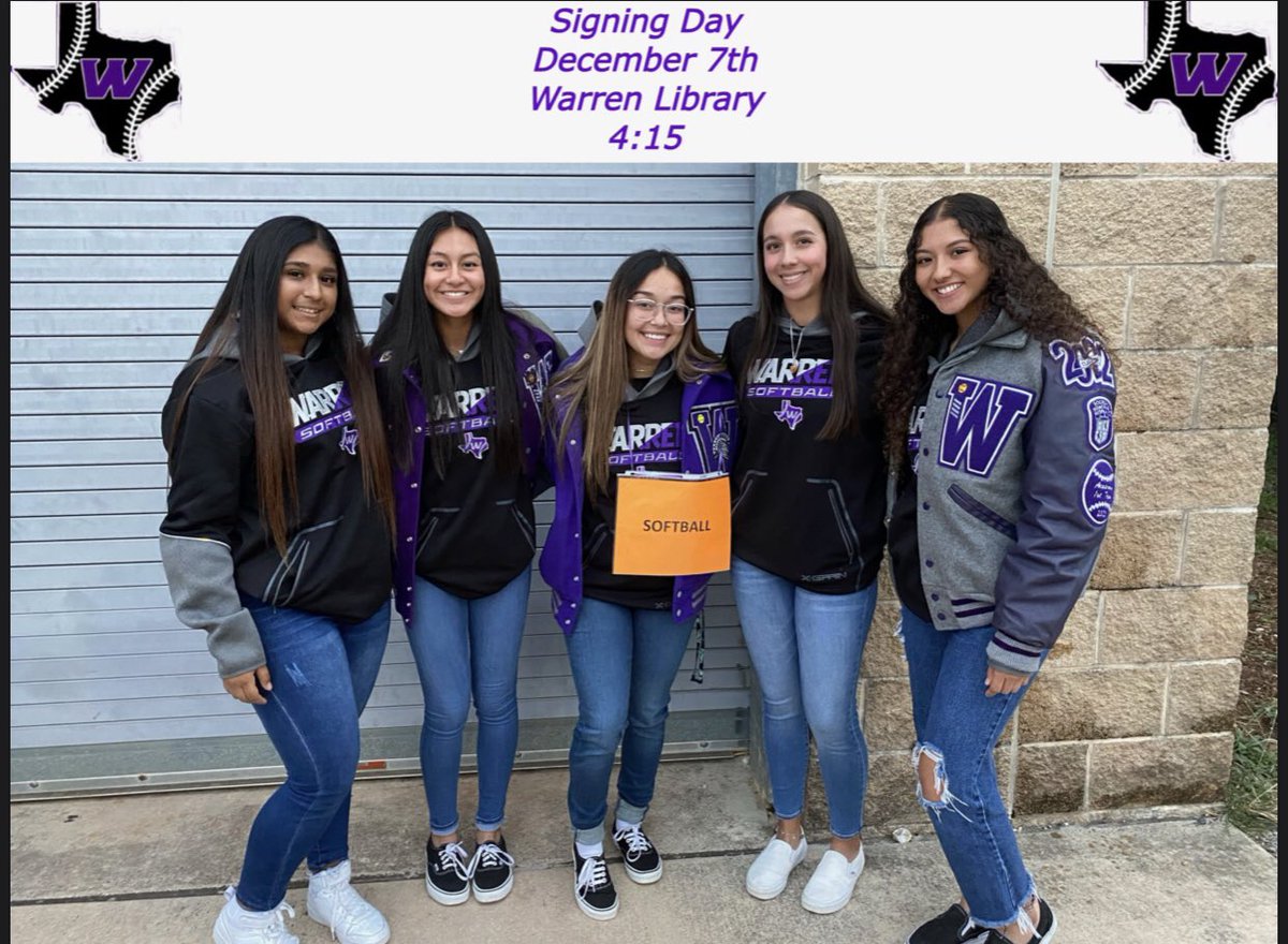 Warren_Softball's tweet photo. 🚨Signing Day for our 5 seniors is tomorrow! We would love for everyone to come out and support them! 💜🥎
@kaylarocha04 @belicia03 @alexzandryacruz @sarahlechon @emilyynevarezz https://t.co/GzUFlgDkd5