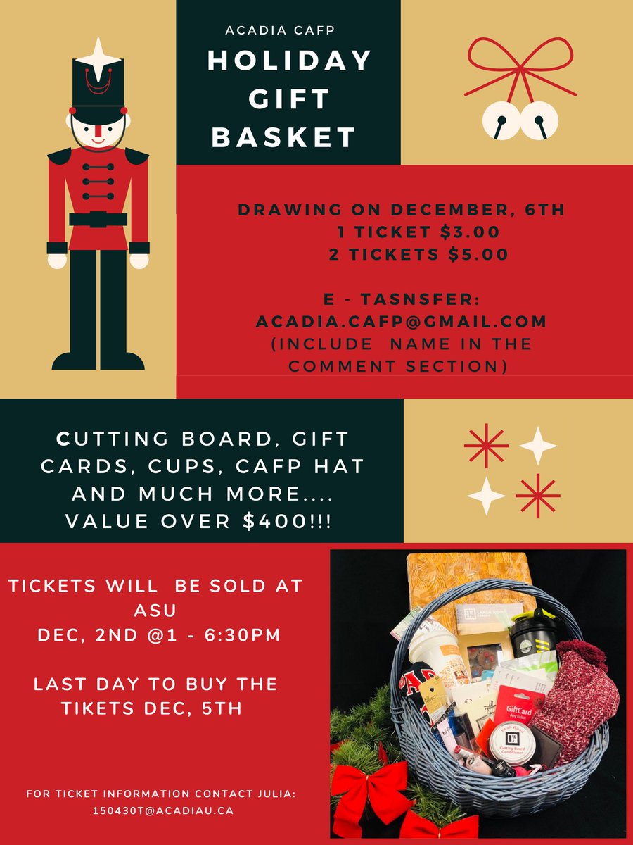 LAST CALL TO BUY TICKETS!!
Worth over $400 !
E-transfer: acadia.cafp@gmail.com