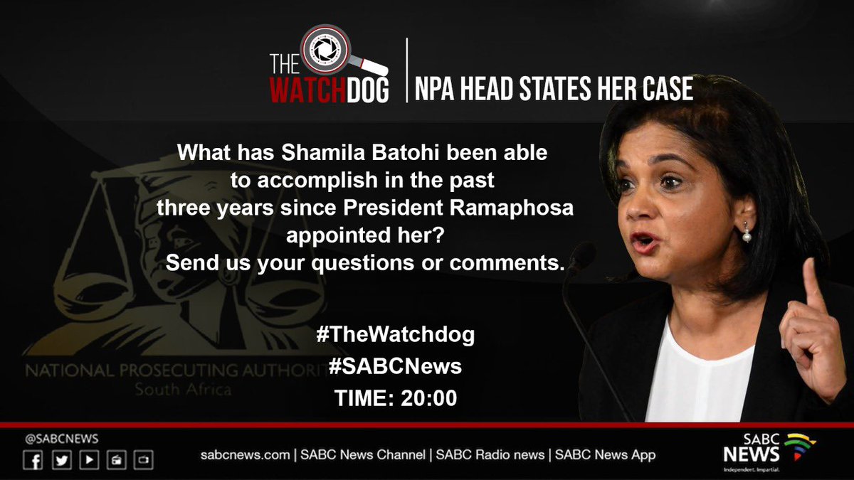 PhathiswaPM's tweet image. Tonight @20h00 on the #SABCNews Channel @vuyo_mvoko speaks to NPA Head Adv. Shamila Batohi #TheWatchdog