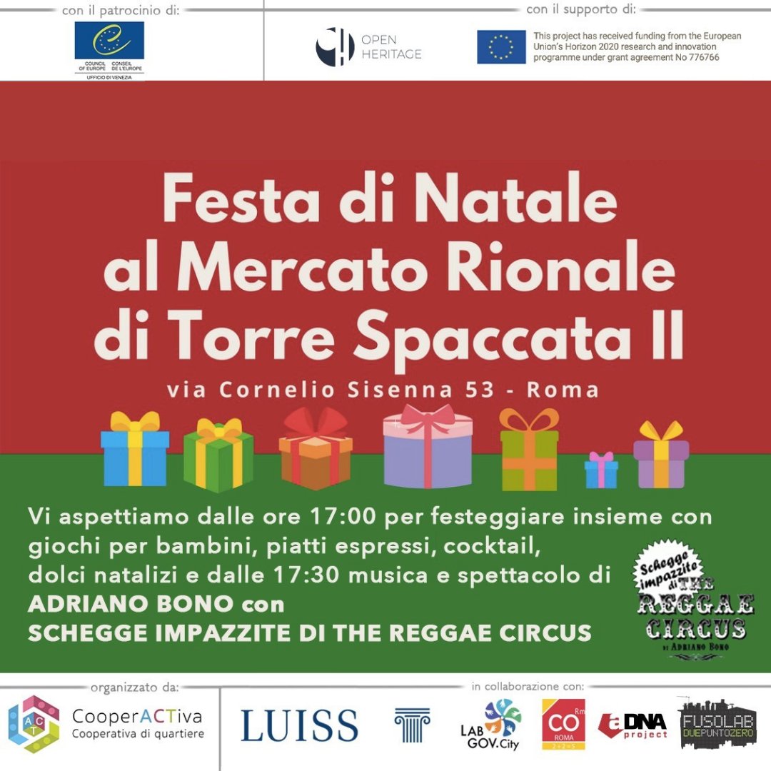 _Cooperactiva1's tweet photo. Sabato 11 dicembre Festa di Natale al Mercato Rionale di Torre Spaccata II a Roma, dalle ore 17 per festeggiare insieme: giochi per bambini, piatti espressi, cocktail,  dolci natalizi e dalle 17,30 musica e spettacolo di Adriano Bono con Schegge Impazzite di The Reggae Circus https://t.co/qUTEvOGtq7