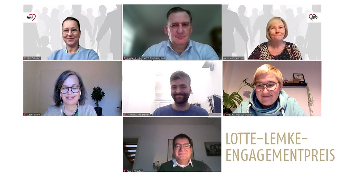 AWOBund's tweet photo. Sehr gute Stimmung und spannendes Engagement: Auf der Jurysitzung zum Lotte-Lemke-Engagementpreis 2022 #LLEP am Freitag wurden die Sieger*innen in drei Kategorien ausgewählt. Die Verleihung findet am 11.01.2022 auf dem AWO-Neujahrsempfang statt. Wir freuen uns drauf! #echtawo https://t.co/Dx7cfCdtoa