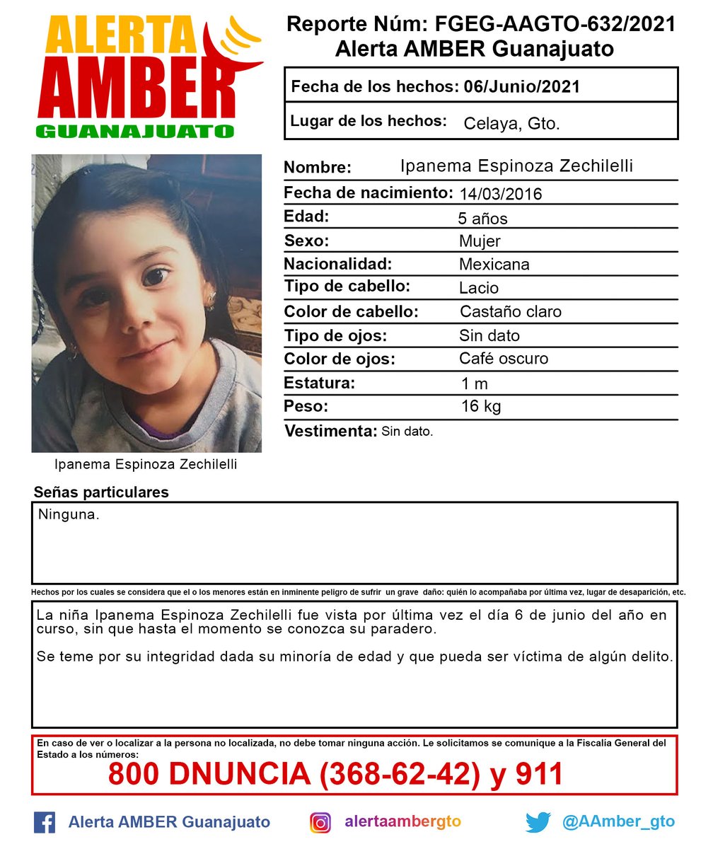 AAMBER_gto's tweet photo. Activación de la Alerta AMBER Guanajuato de la niña Ipanema Espinoza Zechilelli, de 5 años de edad, Celaya, Gto. ¡Ayúdanos a localizarla! https://t.co/eMtq4SKtOO