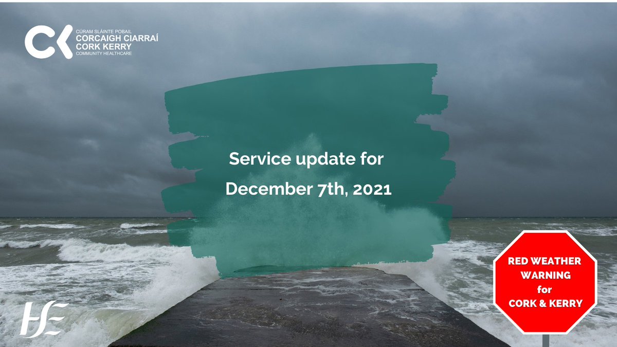 Day services for older people, in disability services &amp; in mental health services are closed on Tuesday Dec 7th  due to the Red Weather Warning &amp; #StormBarra 
There will also be no school immunisation appointments tomorrow &amp; we ask you not to travel unnecessarily.
#CKCH <a href="/HSELive/">HSE Ireland</a>