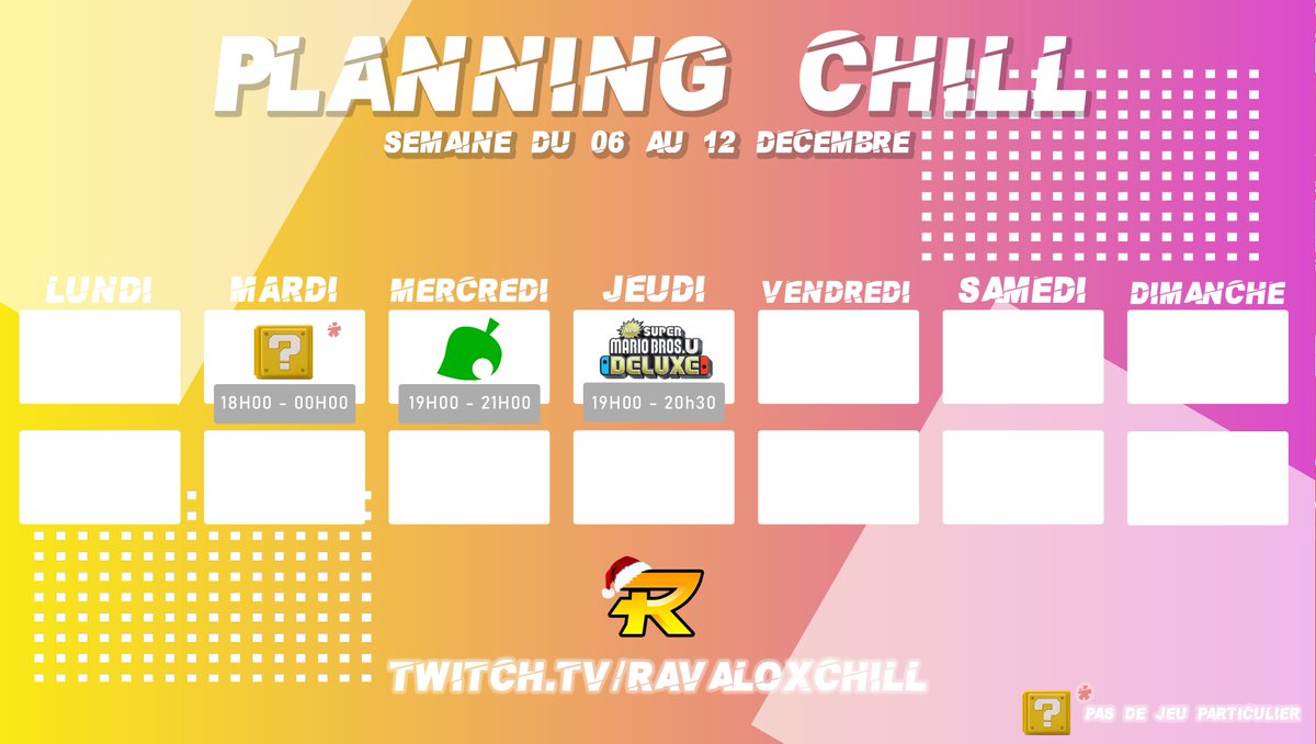 ✌️CHILL✌️

Notre chaîne #twitch #chill commence dès mardi son premier #streaming ! Qui dit streaming dit planning !💪

Pas de jeu en particulier pour mardi, c'est la surprise ! Mercredi #AnimalCrossingNewHorizons et jeudi #SuperMario !🟡🟠

▶️ twitch.tv/ravaloxchill

⭕️ #ravalox