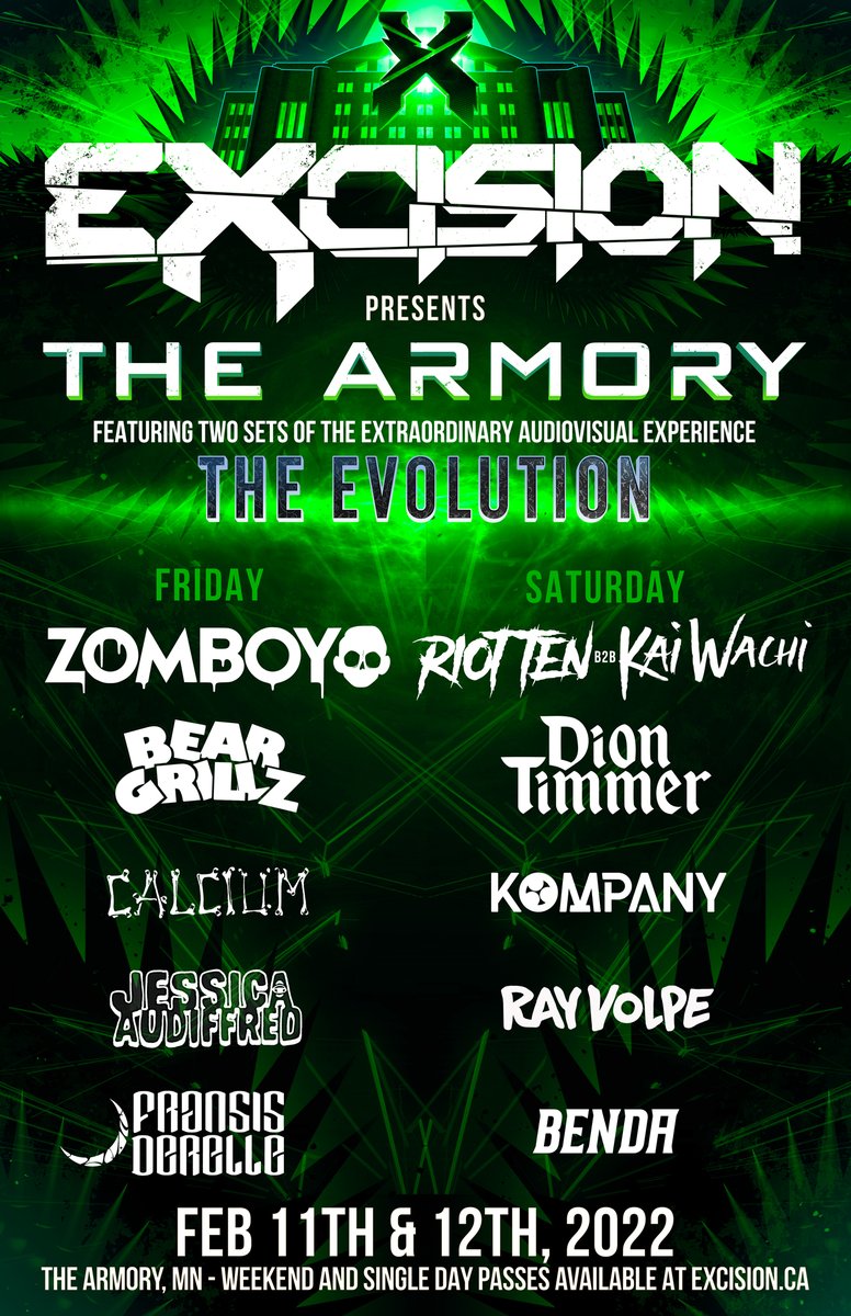 Excision's tweet photo. Minneapolis Headbangers! Presale starts NOW for the Armory with 2-day passes, your lineup is here 🔥 Full on sale tomorrow at 10am CST!  

https://t.co/lZSJjTxikQ https://t.co/OXKkncY3Wp