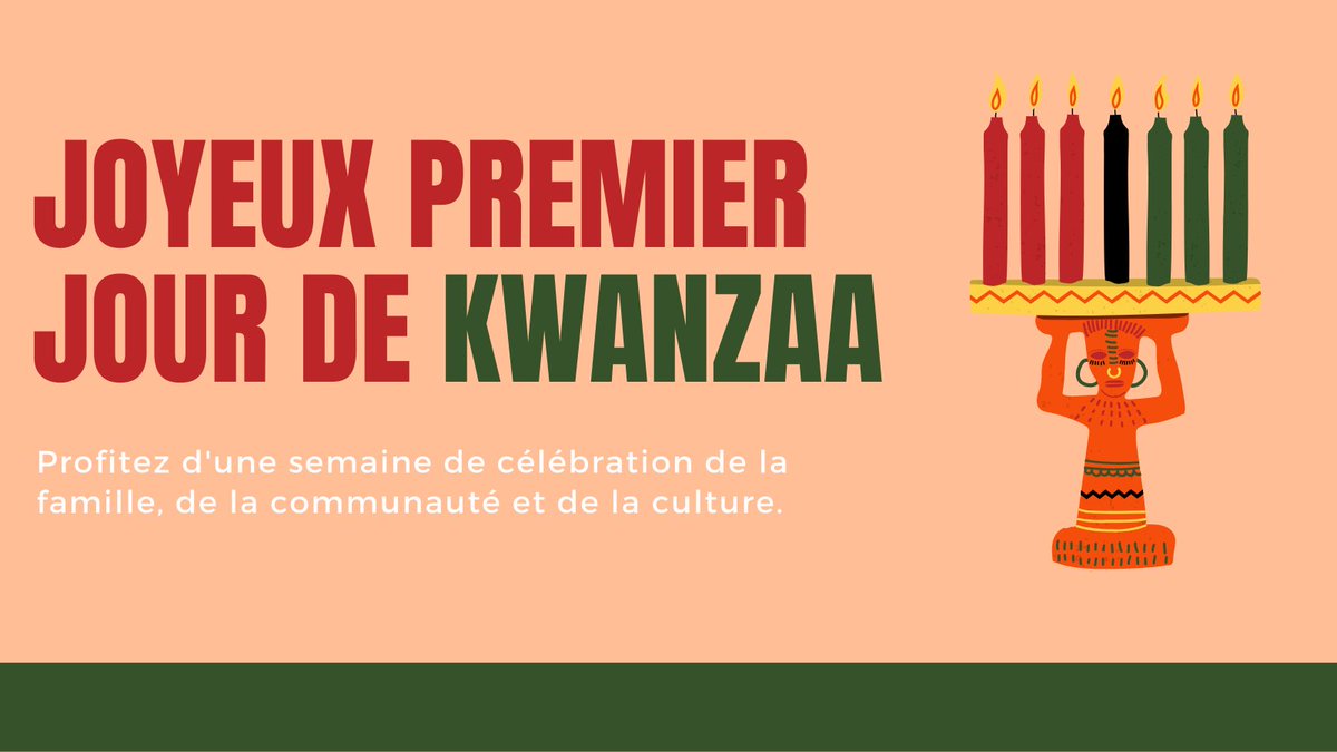 Kwanzaa est une fête afro-américaine d'une semaine qui célèbre la famille, la communauté et la culture africaines. Bonne première journée de Kwanzaa à tous ceux qui célèbrent 
aujourd'hui !