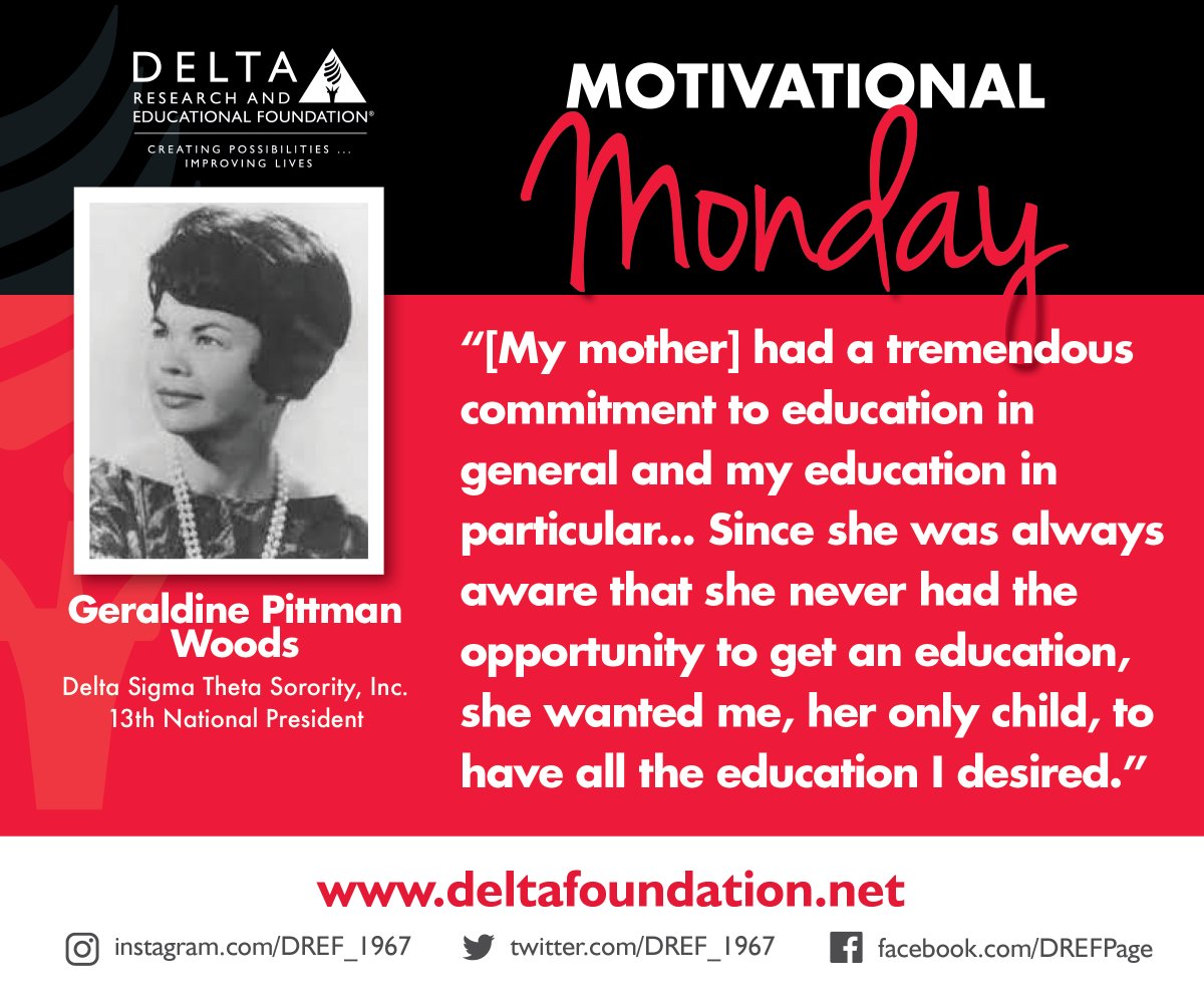 Today, DREF honors Delta Sigma Theta's 13th National President, Geraldine  Pittman Woods. A member of Delta Sigma Theta Sorority, she served as the  national president of the chapter from 1963 to 1967., image size:1200x1000