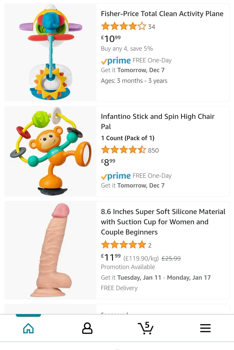 Had a bit of a shock today <a href="/amazon/">Amazon</a>: did not expect this when looking for highchair toys for my 8 month old! 😳 #SuctionToys 

<a href="/AmazonUK/">Amazon.co.uk</a> you might want to check outputs for toy search criteria! #oopsmoment #shocked