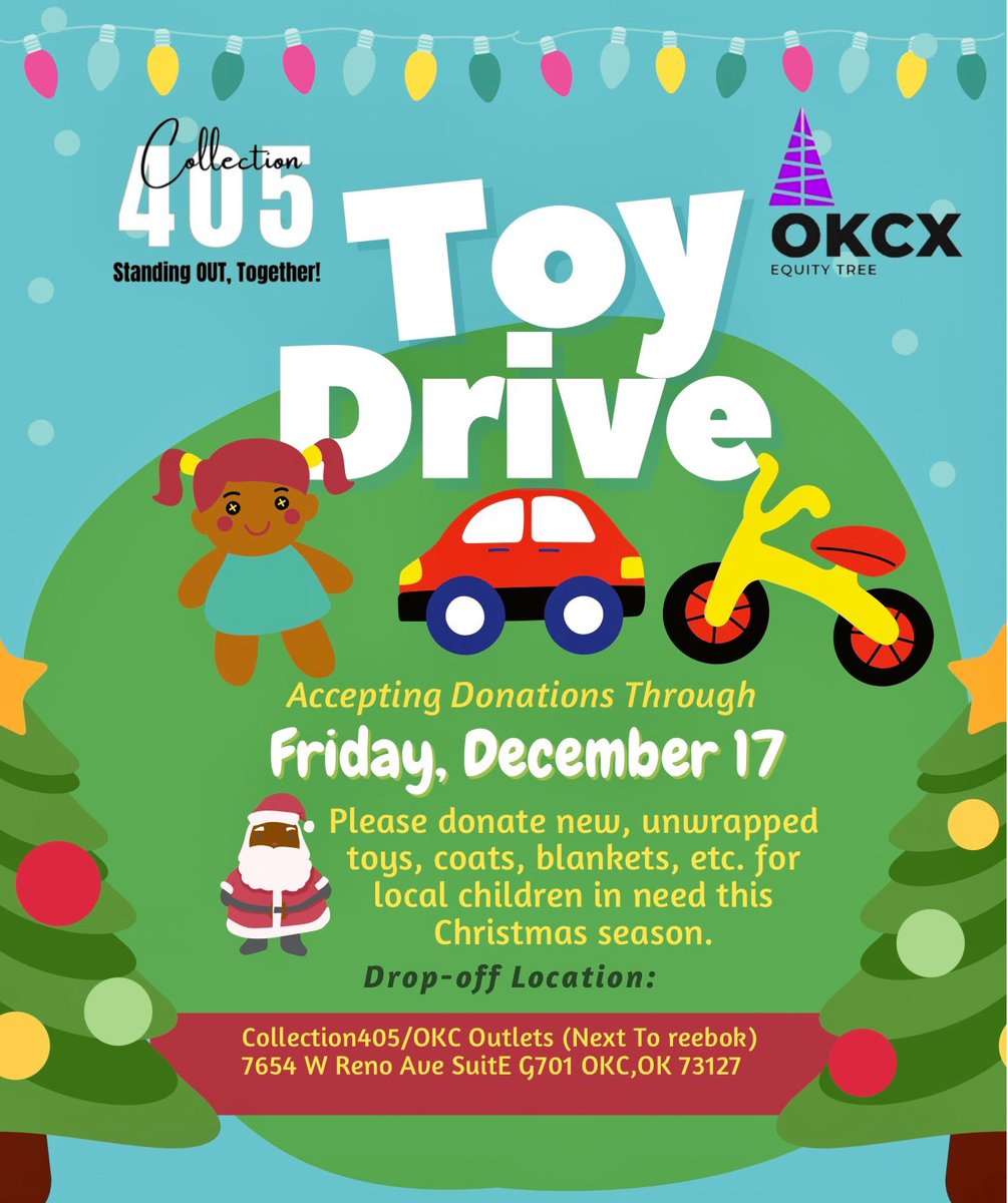 newhomeswtaira's tweet photo. Let’s show some holiday spirit and help local families in need this Christmas season!
We will be accepting donations through December 17th!
Drop off NEW, unwrapped toys, coats, blankets, etc. to Collection 405 at the @OKCOutlets 🧸 🙏🏽#StandingOutTogether #ToyDrive https://t.co/Q03b0ANClh