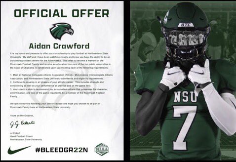 aidanjcrawford's tweet image. God is watching over me!! After a great talk with @CoachZAllen, I’m excited to announce I’ve received an offer from NSU💚
