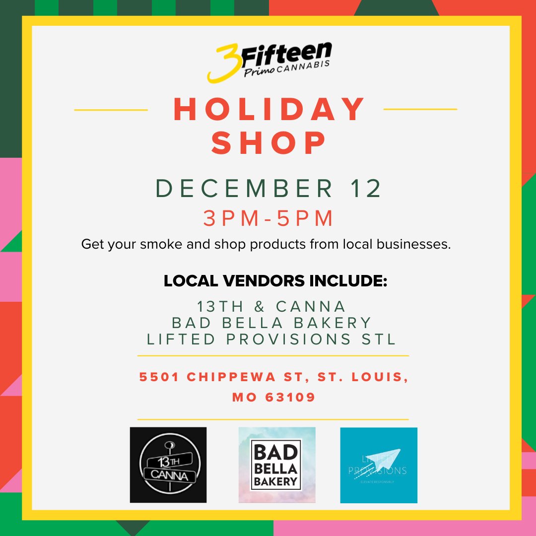 Shop your favorite products with us and support local businesses this Sunday at our St. Louis location. Find the perfect unique holiday gifts!
#supportlocalbusinesses #holidaygiftideas #vendorshopping #stayelevated #elevateyourexperience #3FifteenPrimo
#NFSOT