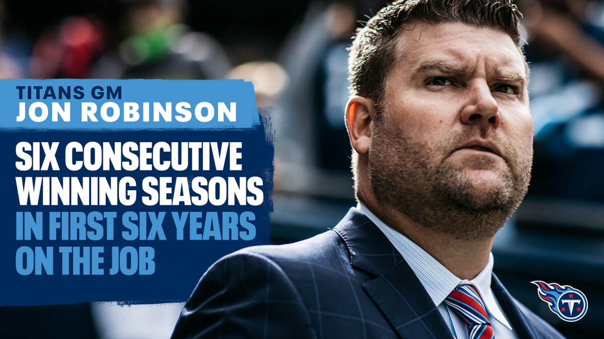 Titans's tweet photo. With today's win, GM Jon Robinson becomes the only Titans/Oilers general manager in franchise history to oversee six consecutive winning seasons in his first six years on the job, breaking the record set by Mike Holovak (1989–1993). https://t.co/tLOYHglVPT