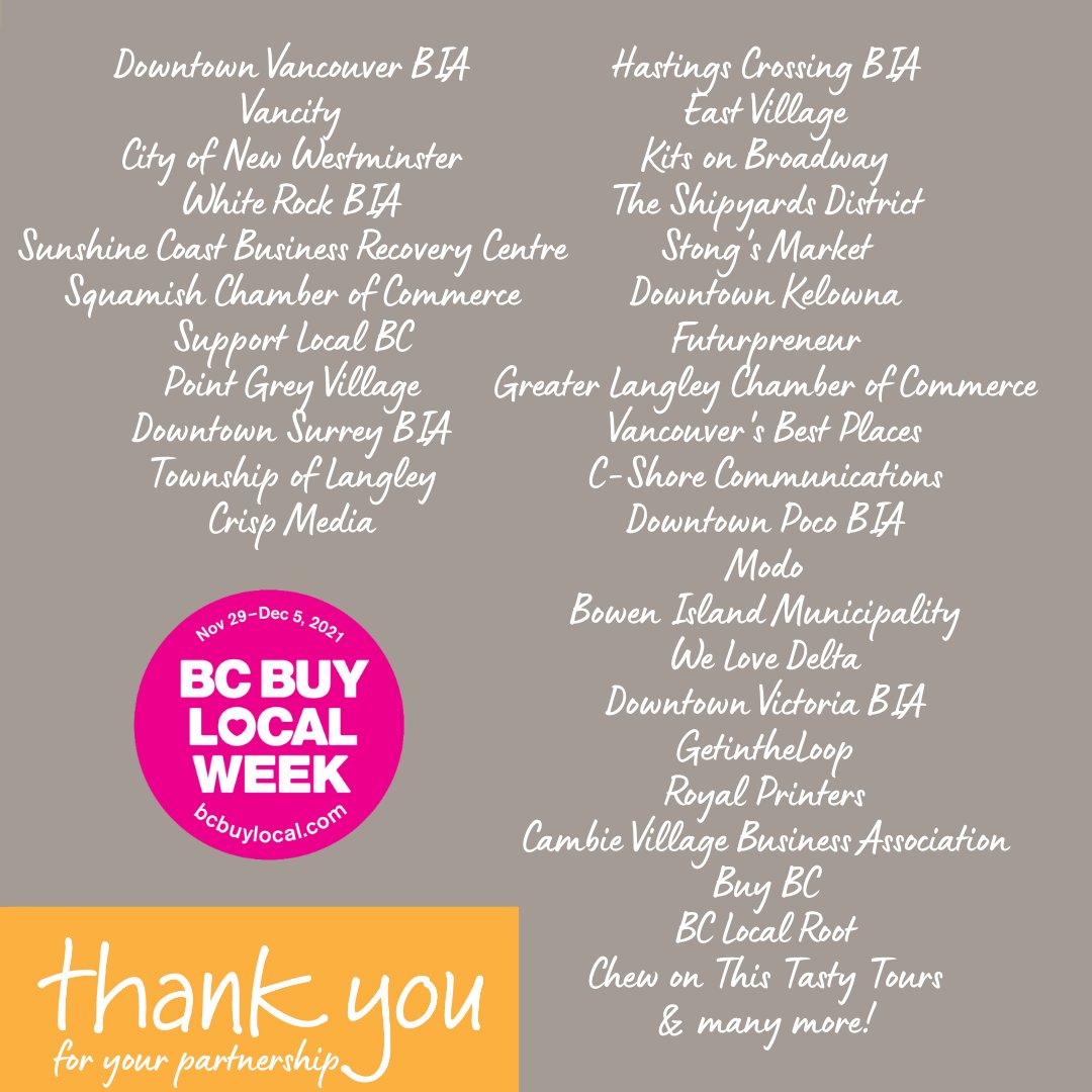 LOCO BC (@locobc) on Twitter photo 1/2: Thanks to our amazing partners for the best #BCBuyLocalWeek yet! We couldn't do it without you 🙌
<a href="/downtownvan/">Downtown Van</a> <a href="/Vancity/">Vancity</a> <a href="/cityofnewwest/">New Westminster</a> @whiterock_bia SCBRC <a href="/squamishchamber/">Squamish Chamber</a> <a href="/SupportLocalBC/">Support Local BC</a> <a href="/pointgreyvillag/">Point Grey Village</a>
<a href="/dtsurreybia/">Downtown Surrey BIA</a> <a href="/LangleyTownship/">Township of Langley</a> <a href="/CrispMediaCA/">Crisp Media</a>
#BCBuyLocal #LocalBC 1/2: Thanks to our amazing partners for the best #BCBuyLocalWeek yet! We couldn't do it without you 🙌
<a href="/downtownvan/">Downtown Van</a> <a href="/Vancity/">Vancity</a> <a href="/cityofnewwest/">New Westminster</a> @whiterock_bia SCBRC <a href="/squamishchamber/">Squamish Chamber</a> <a href="/SupportLocalBC/">Support Local BC</a> <a href="/pointgreyvillag/">Point Grey Village</a>
<a href="/dtsurreybia/">Downtown Surrey BIA</a> <a href="/LangleyTownship/">Township of Langley</a> <a href="/CrispMediaCA/">Crisp Media</a>
#BCBuyLocal #LocalBC