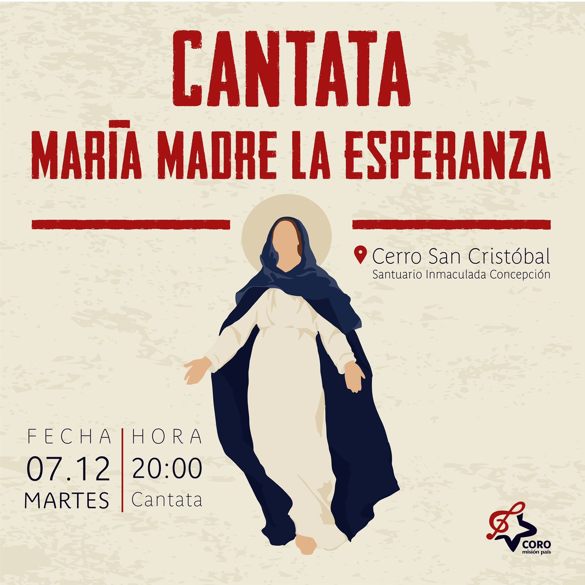 coromisionpais's tweet photo. Muy invitados a cantar con nosotros este martes en el Cerro San Cristóbal, para celebrar el día de la Inmaculada Concepción❤️ y así cerrar este Mes de María de la mejor manera. Aprovechemos la presencialidad para encontrarnos en comunidad con Cristo y Nuestra Madre del Cielo🤩 https://t.co/U9tkc2ABNo