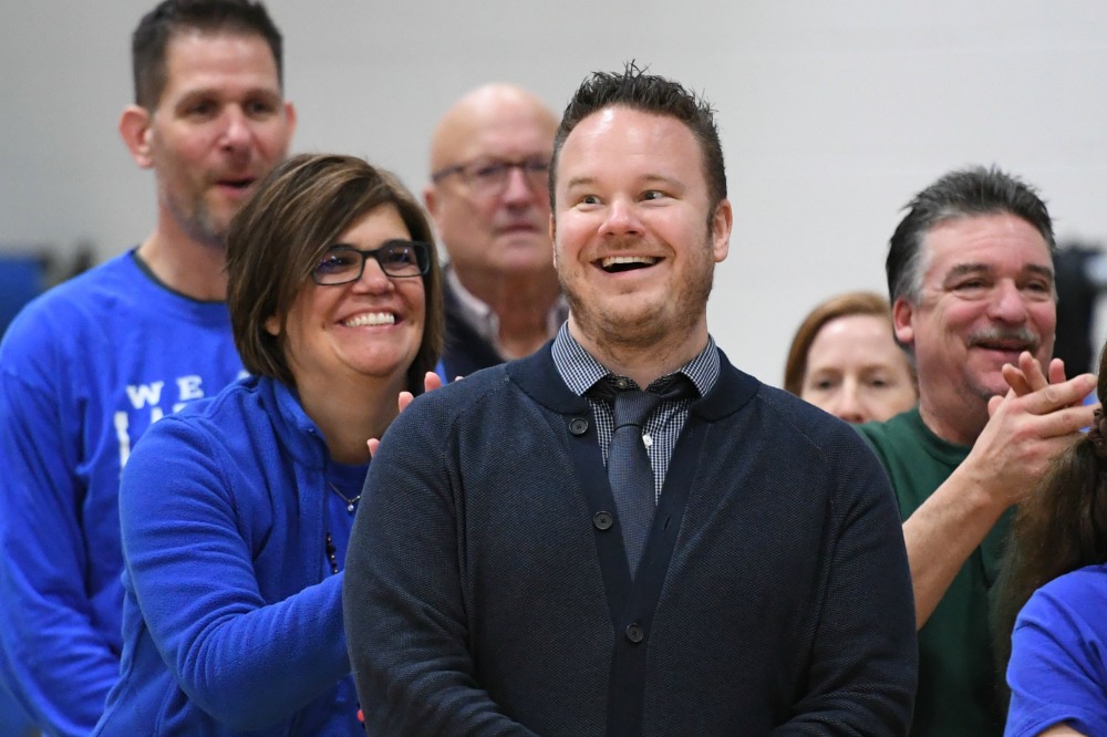 Milken's tweet photo. Two years ago today, we surprised @nickperuski with Michigan's Milken Educator Award at @LakelandLHS. His reaction? "I must have said 'this is CRAZY!' about 100 times!" 
📷:https://t.co/AdkbYPXVwp

#MilkenAward #Milkeniversary https://t.co/Sa9U0UBqfI