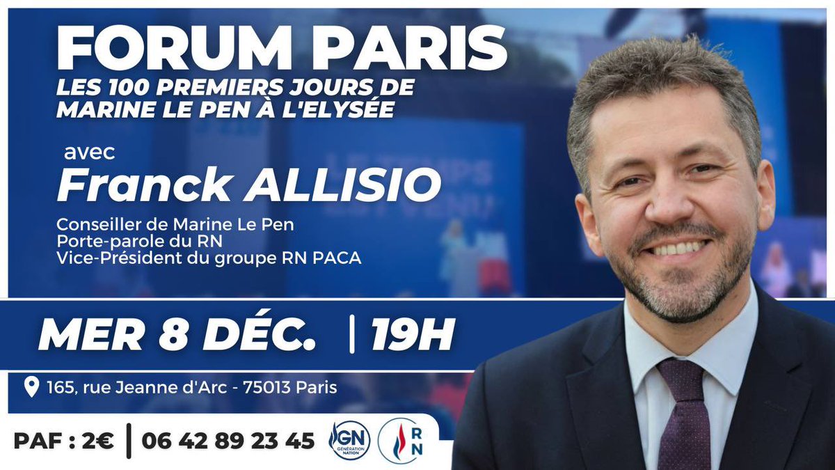 franckallisio's tweet photo. J’interviendrai devant le Forum GN, ce mercredi à 19h à l’invitation de @GNation_off #Paris. Thème : Les 100 premiers jours de @MLP_officiel à l’Elysée !
#GenerationNation
#MLaFrance https://t.co/s8fkLC8WDi