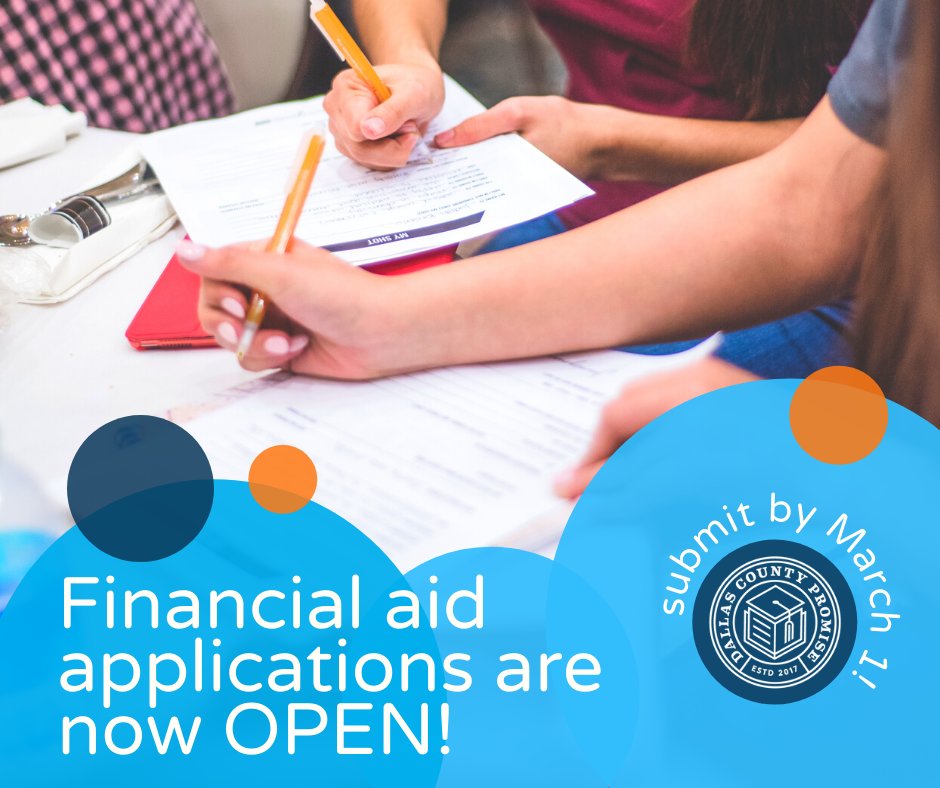 DallasCoPromise's tweet photo. The financial aid deadline is March 1st for most Promise Partner colleges, but students considering SMU, TAMU-Texarkana, or UTA must complete all application steps by 1/12/22.

FAFSA: https://t.co/Myu0aC5hjX
TASFA: https://t.co/Y4XZFFH23m https://t.co/v3gVU3LPzy