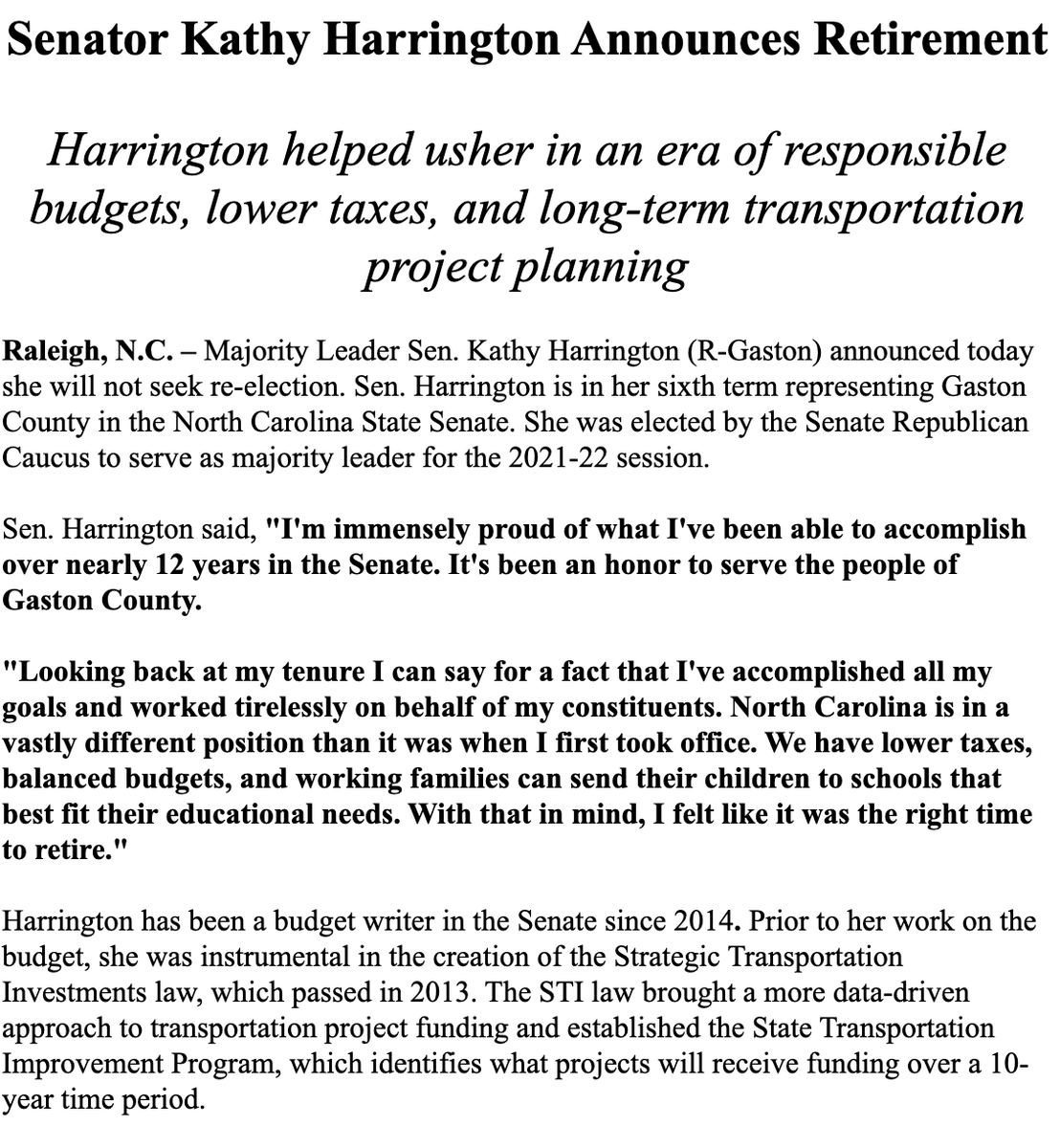Big #ncga news just announced: Sen. Kathy Harrington is calling it quits. Easily one of the most powerful Republican lawmakers, but you don't hear much about her because she typically doesn't do interviews #ncpol