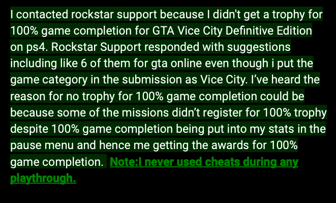 joshuagamer101's tweet photo. Read this @Dat_Saintsfan this is a rockstar logic. #rockstarlogic Here is rockstar supports reply to my issue about VICE CITY DEFINITIVE EDITION WHY THEY TALK ABOUT GTA ONLINE???!!! (Green text in image is me because it is too long to type on twitter character limit.) https://t.co/2qdhLnzeUG