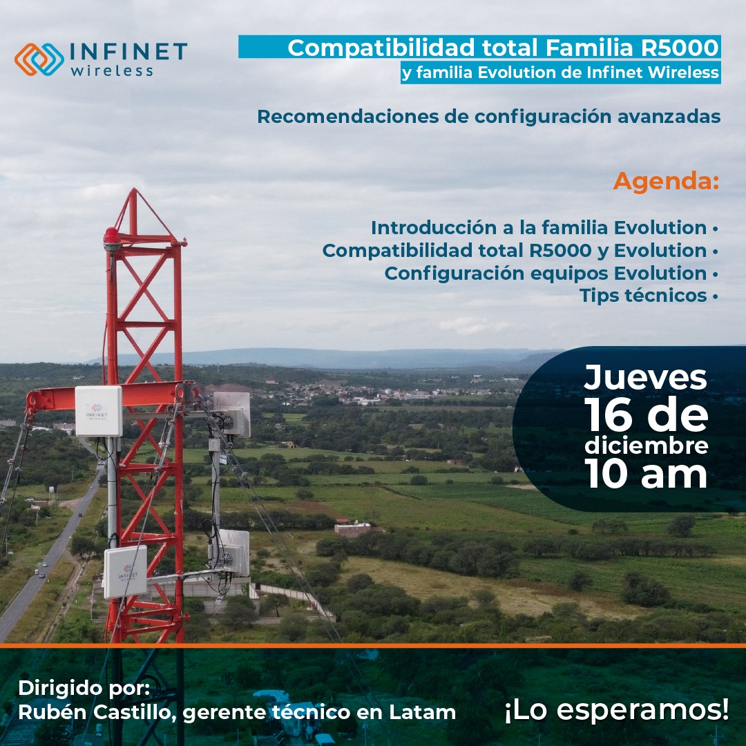 InfiNet_LA's tweet photo. 💻 ¡Último webinar del año!
@InfiNet_LA lo invita a participar en la conferencia “Compatibilidad total Familia R5000 y familia Evolution de @InfiNetW”.
🗓 jueves, 16 de diciembre
⏱10:00 am hr.
Registro gratuito: https://t.co/9Hh2boIS6C
#InfinetWireless #bandaancha #FWA #red https://t.co/zUMB54Bcp3