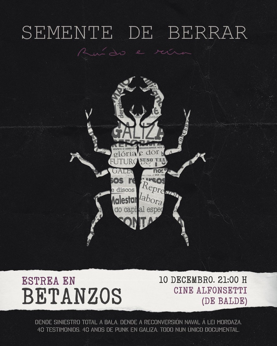 SementeDeBerrar's tweet photo. 🎥Atençom senhora‼️
Anotade na vossa agenda porque chega a esperada estrea do documentário "Semente de Berrar Ruído e Rúa"
👉Betanços
🗓️10 de dezembro
🕓21h
📌Cine Alfonsetti
🎟️Bilhete:de graça até cubrir aforo

👉Alhariz
🗓️11 de dezembro
🕓20.30h
📌Casa da Cultura
🎟️Bilhete:5€ https://t.co/mOM58YmkxC