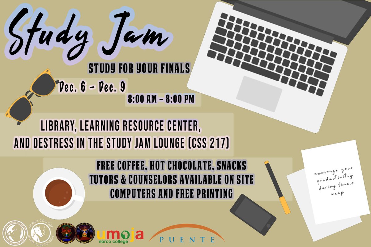 NorcoCollege's tweet photo. It's time to study for your finals with Study Jam! Dec. 6-9 from 8am to 8pm in the Library, LRC, and CSS217. FREE coffee, hot chocolate, and snacks. Tutors and counselors will be available on site. #studyforfinals #finals https://t.co/BN6xc90jmm