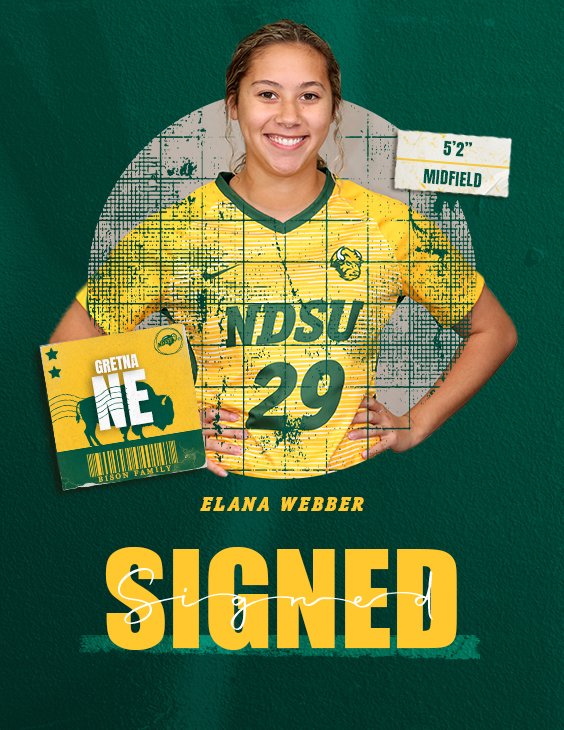 NDSUsoccer's tweet photo. Another joins the Herd! 🖊️

Welcome Elana Webber to the Bison Family as she joins the Bison from Gretna, Nebraska!

#GoBison #HornsUp 🤘🦬 https://t.co/RAoqx3rzUk