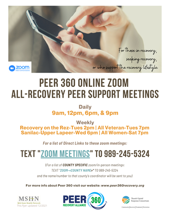 ThumbConsortium's tweet photo. Peer 360 All Recovery Peer Support Meetings are now moved to zoom from now until March! So you can enjoy the meeting without having to travel on the winter roads! Don’t forget to join via zoom this coming Wednesday December 8th! https://t.co/1WXuHhHKFS