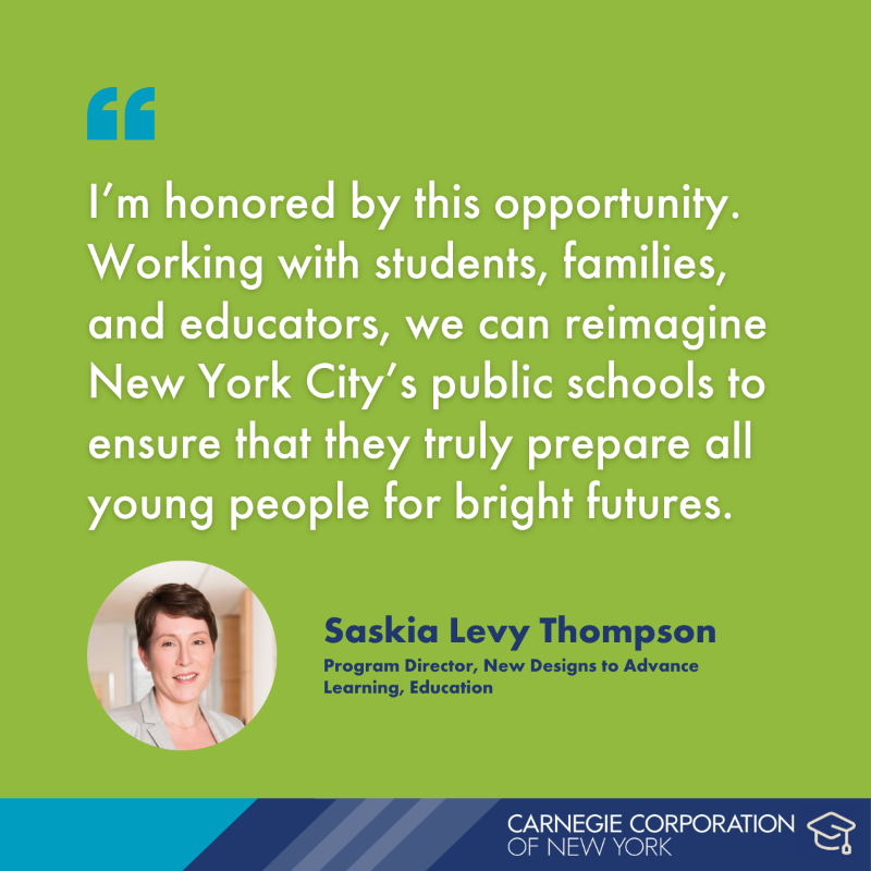 ACarnegieFdn's tweet photo. We’re thrilled that our own Saskia Levy Thompson will help shape the future of @NYCSchools as a co-lead of @ericadamsfornyc’s education transition team. In this 🧵 learn more about her work on the critical issues facing students and schools today.