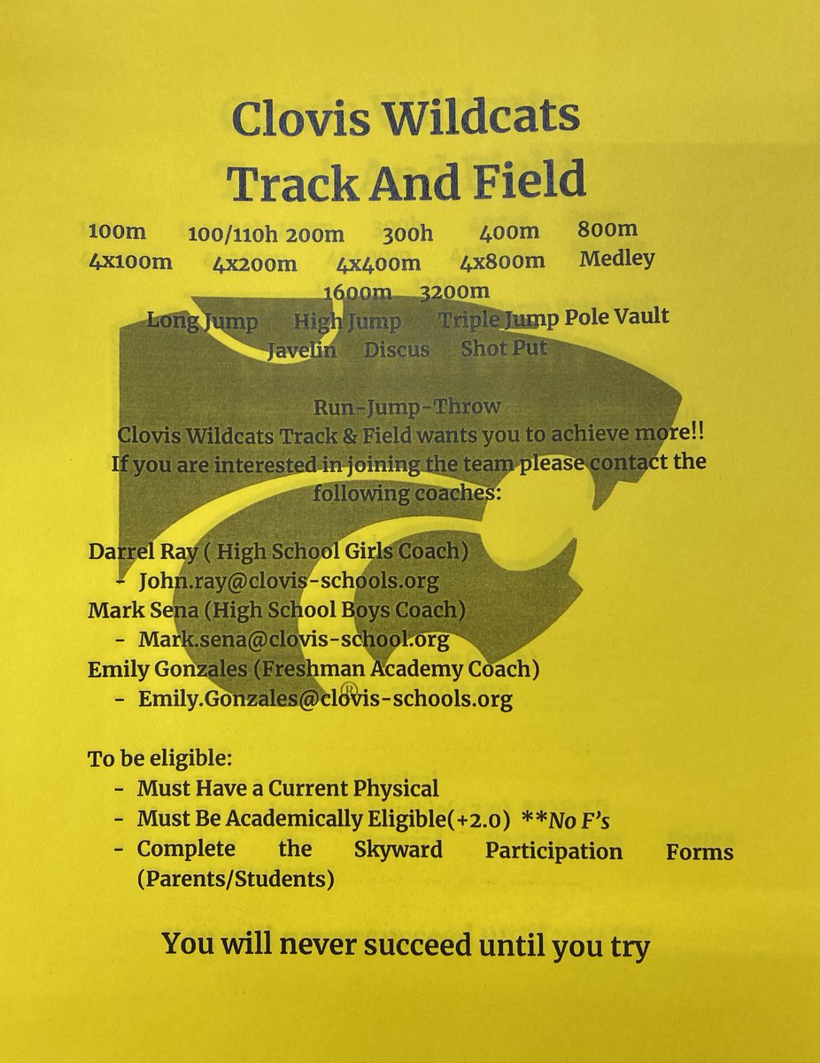 ClovisCouncil's tweet photo. Anyone interested in participating in Wildcat track needs to see Coach Ray or Coach Sena ASAP at CHS. See Coach Gonzales at the Freshman Campus. "You will never succeed until you try." https://t.co/GAs99Wo2RW