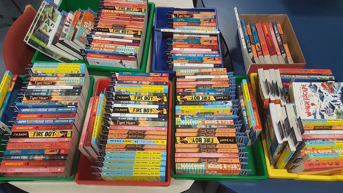 Organising goodies from <a href="/Booktrust/">BookTrust</a> #BookBuzz at <a href="/ArkCharter/">Ark Charter Academy</a> today - such a lovely selection of covers, authors &amp; stories! Nice to see our old friend <a href="/tompalmerauthor/">Tom Palmer</a> represented along with @KirstyApplebaum who will be taking part in our #PortsmouthLitQuiz after Christmas 😊