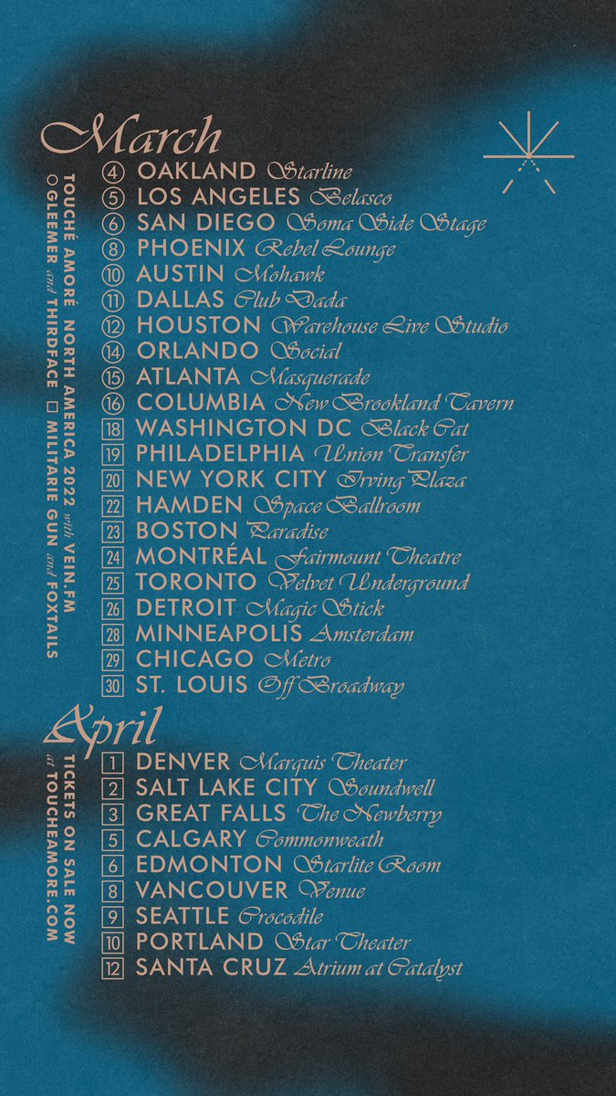 We’re so stoked to announce that we’ll be playing some live shows on this run w <a href="/ToucheAmore/">Touché Amoré</a> &amp; @VEINBAND An honor to be a part of such an incredible lineup. Tix available now. We’re on from 3/4-3/16.