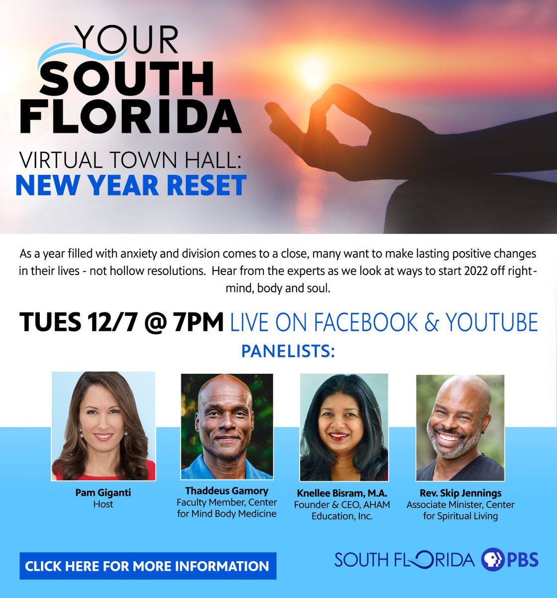 Your South Florida (@yoursouthfl) on Twitter photo Hear from the experts as we look at ways to start 2022 off right – mind, body, & soul. <a href="/mindbodymed/">The Center for Mind-Body Medicine</a> <a href="/AhamEducation/">AHAM EDUCATION</a> Watch LIVE 12/7 at 7 PM youtu.be/kiPY-NljKSY Hear from the experts as we look at ways to start 2022 off right – mind, body, & soul. <a href="/mindbodymed/">The Center for Mind-Body Medicine</a> <a href="/AhamEducation/">AHAM EDUCATION</a> Watch LIVE 12/7 at 7 PM youtu.be/kiPY-NljKSY