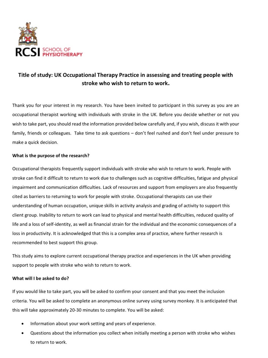 PaulaReddan's tweet image. OT’s working in stroke rehabilitation in the UK - a survey to explore OT assessment and treatment when working with people with stroke who wish to return to work is now open! Please complete and RT! surveymonkey.co.uk/r/2K837QJ @RCOT_NP @RCOT_Work @LKeating_RCSI @deirdretcd