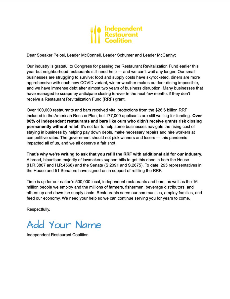 Are you a restaurant owner who didn’t receive a Restaurant Revitalization Fund grant?

Join thousands of independent restaurants and bars in signing our letter demanding action from Congress to #ReplenishRRF: saverestaurants.com/letter