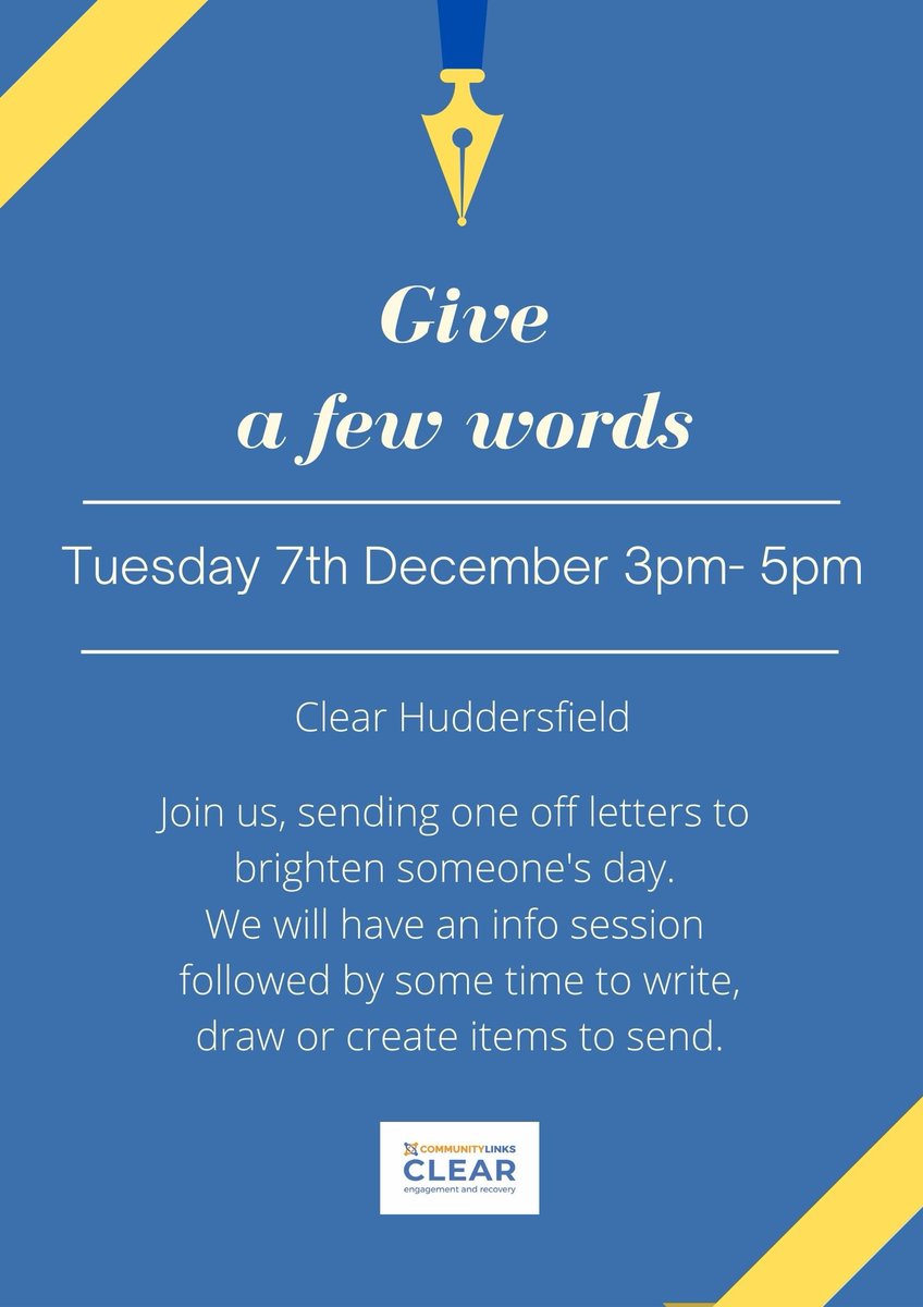 CLKirklees's tweet photo. Don't forget to get down to CLEAR tomorrow to #giveafewwords @Giveafewwords ๐โโโ
#writeaway #itsonlywrite #christmaspost #creativewriting https://t.co/fNFbAyEJIt